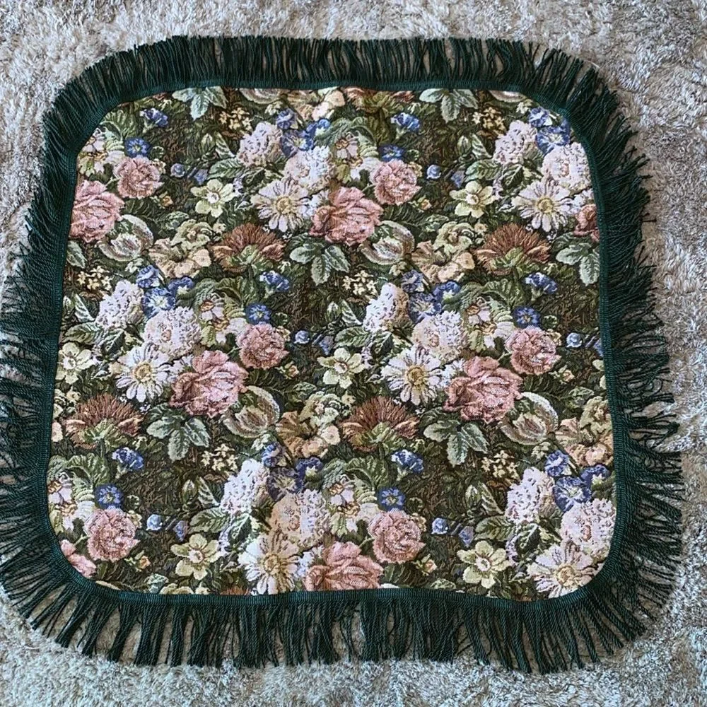Vintage Square Floral Tapestry Table Doily Green Multi With Twisted Rope Fringe